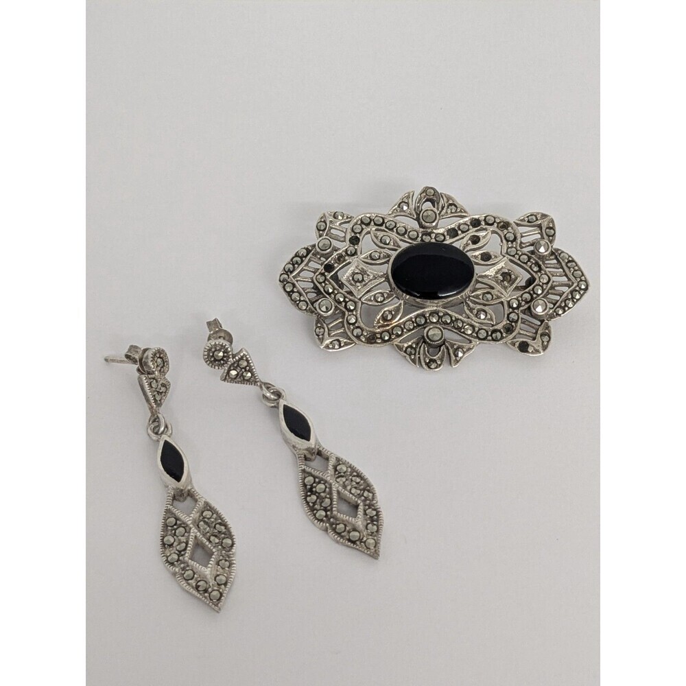 Vintage Sterling Silver Black Onyx Marcasite Drop Dangle Earrings And Brooch Set